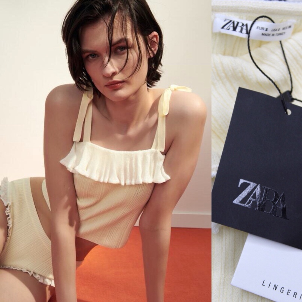 Zara NWT Ruffled Tie Cropped Top Small Ecru White
